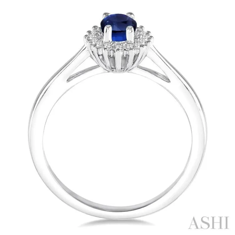 6X4MM Oval Cut Sapphire Center and 1/8 Ctw Round Cut Diamond Halo Precious Stone Ring in 10K White Gold