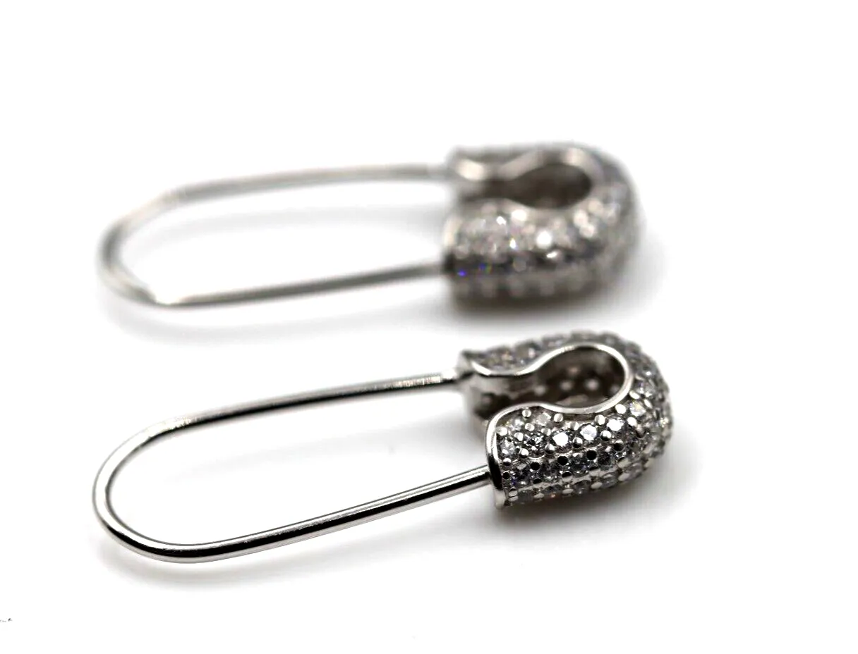 925 Sterling Silver Cubic Zirconia Lock Safety Pin Clip On Earrings