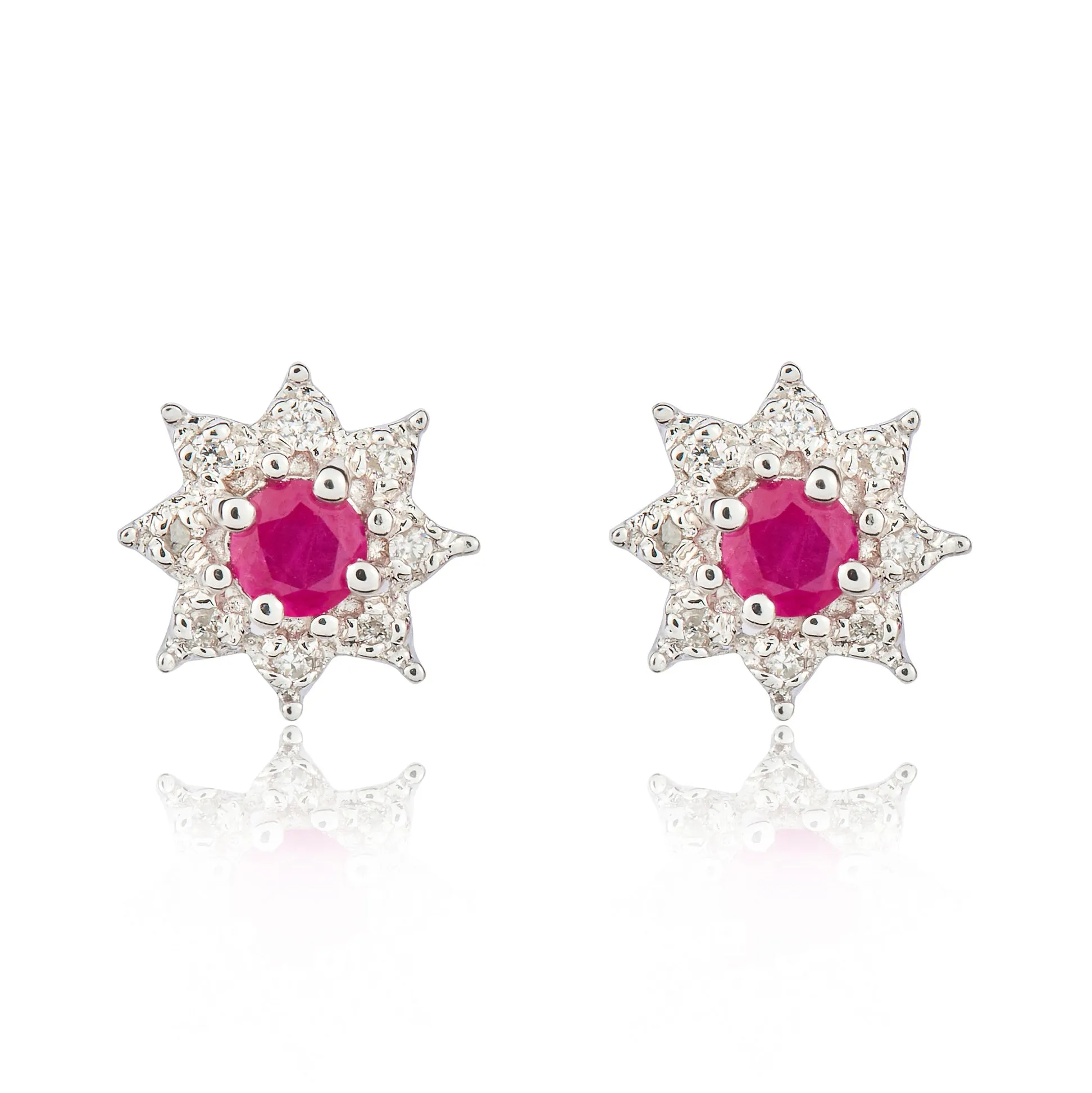 9K White Gold Ruby & Diamond Cluster Stud Earrings