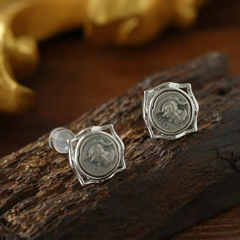 Ancient Greek Retro Blue 925 Silver Coin Stud Earrings-Type L