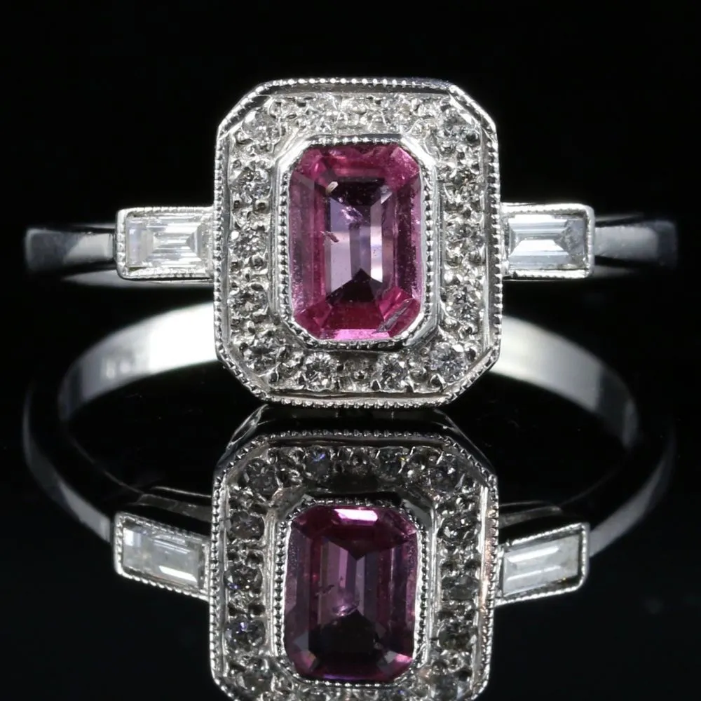 Antique Art Deco Pink Sapphire Diamond Ring 18Ct White Gold