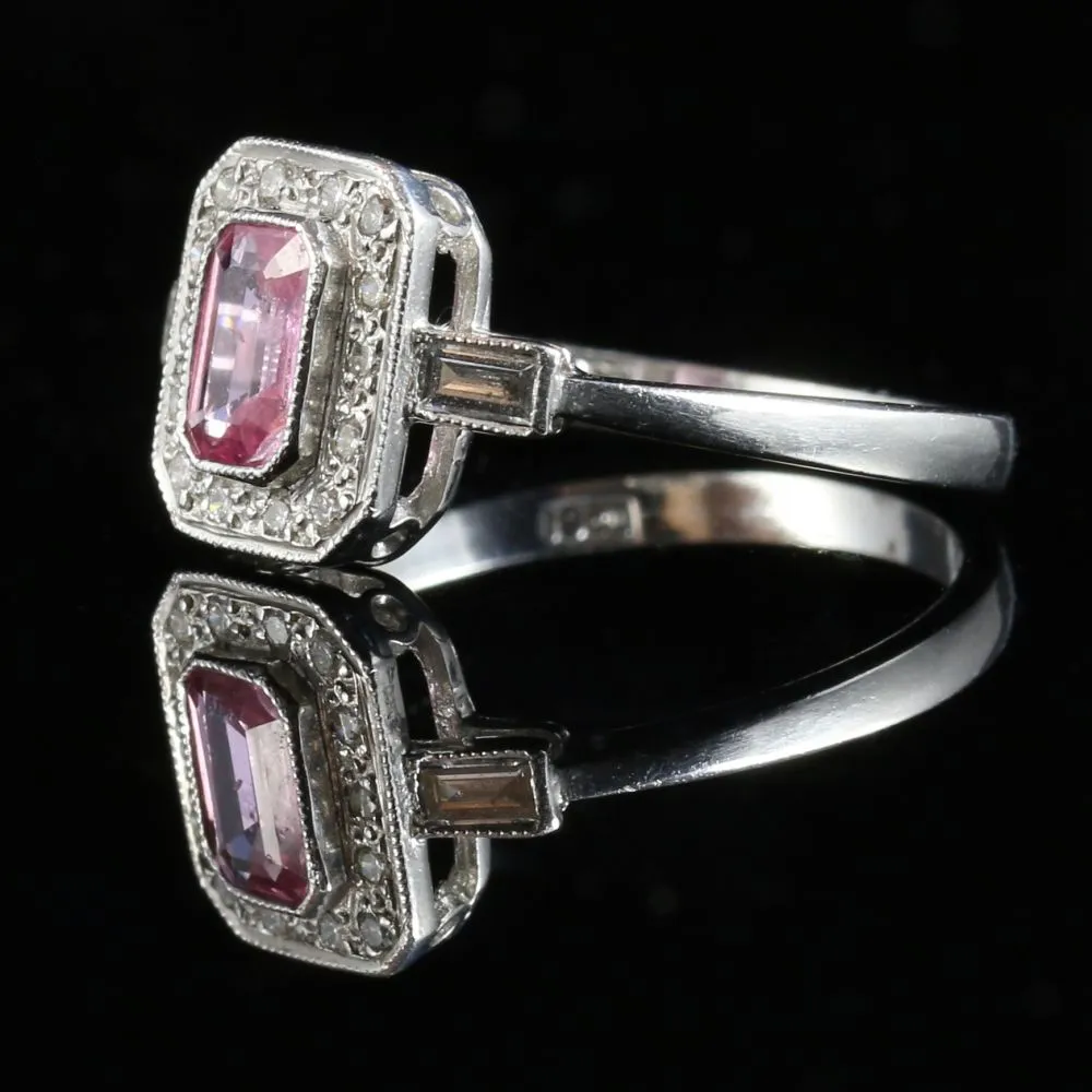 Antique Art Deco Pink Sapphire Diamond Ring 18Ct White Gold