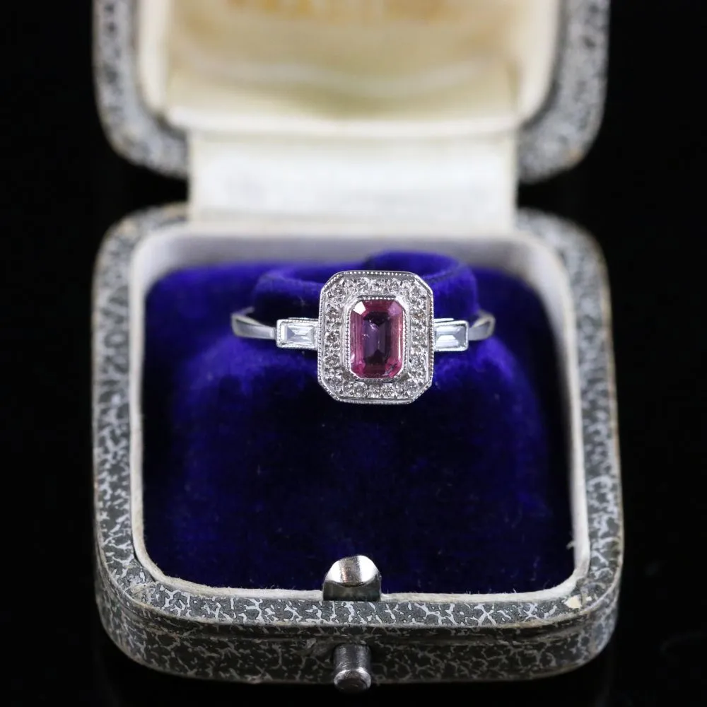 Antique Art Deco Pink Sapphire Diamond Ring 18Ct White Gold