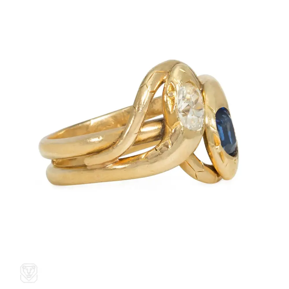 Antique French diamond and sapphire double snake ring