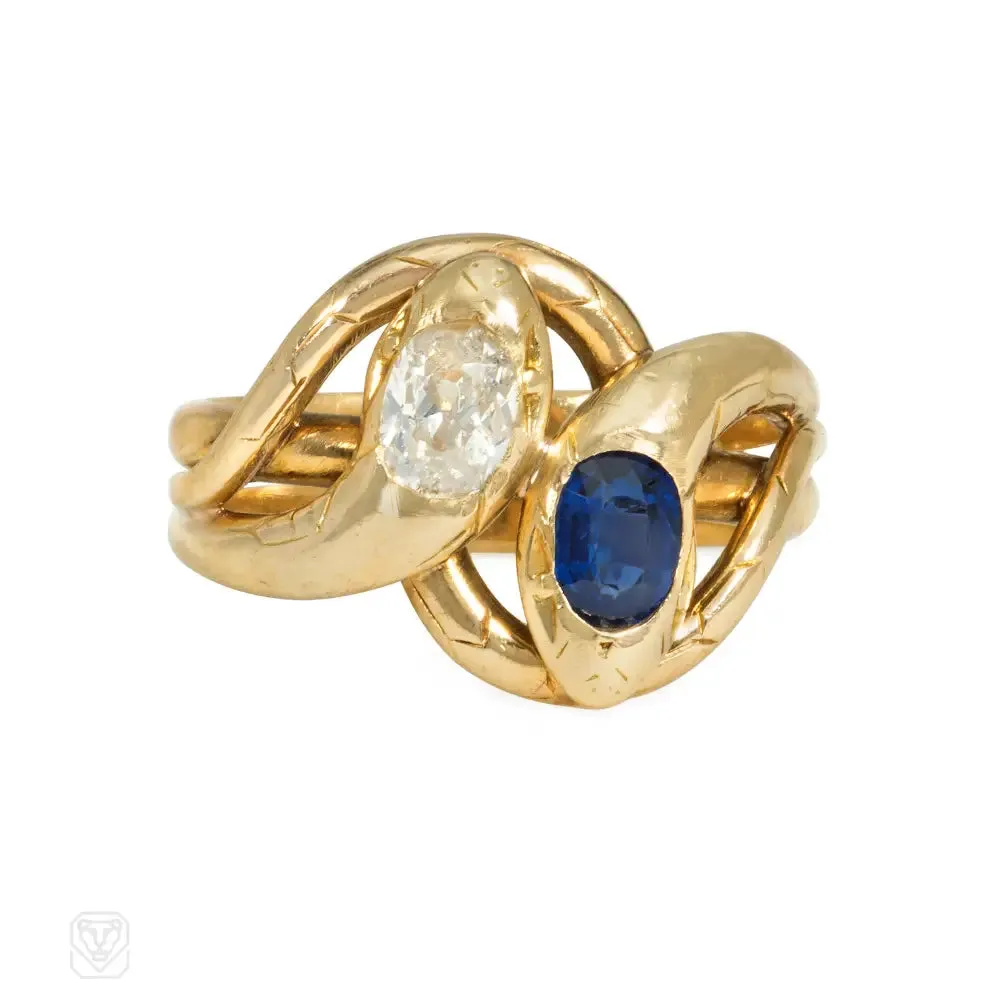 Antique French diamond and sapphire double snake ring