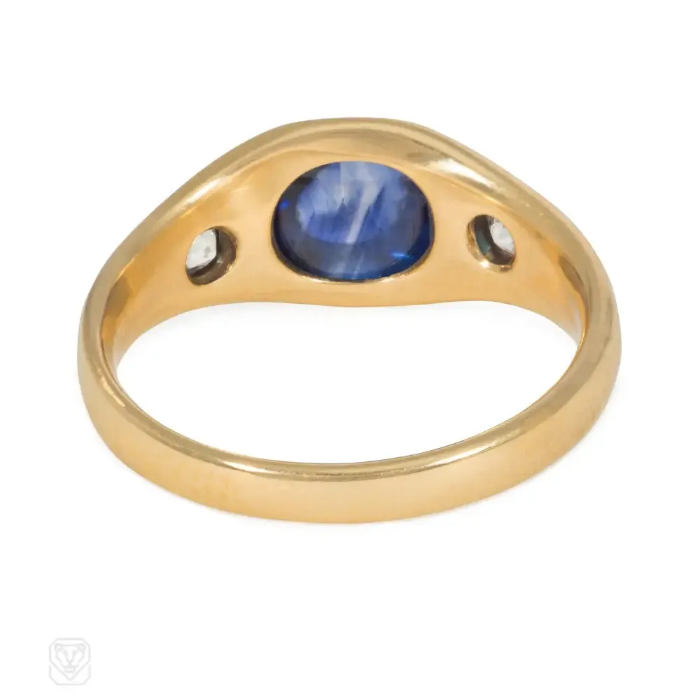 Antique three-stone sapphire and diamond flush-set ring