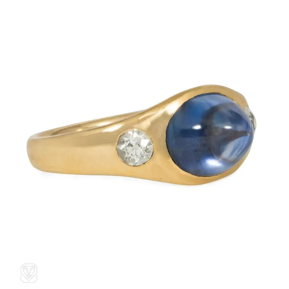 Antique three-stone sapphire and diamond flush-set ring