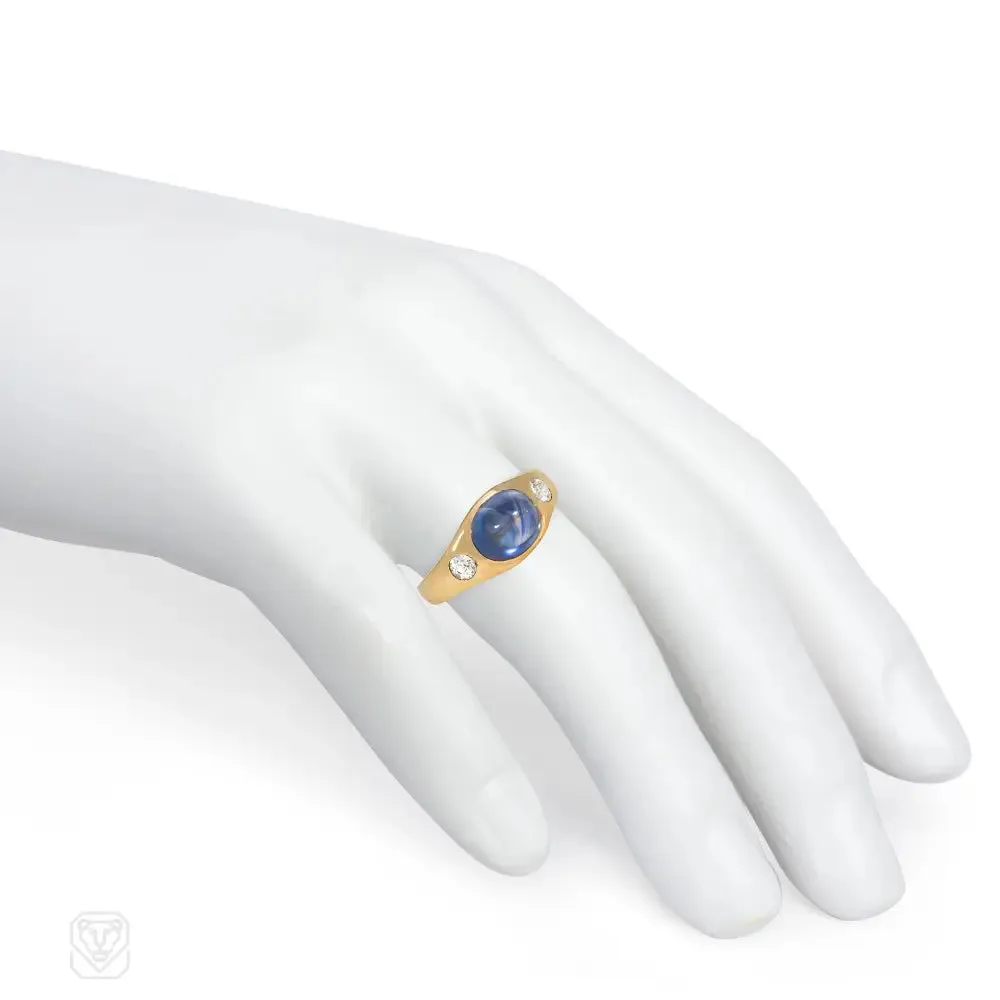 Antique three-stone sapphire and diamond flush-set ring