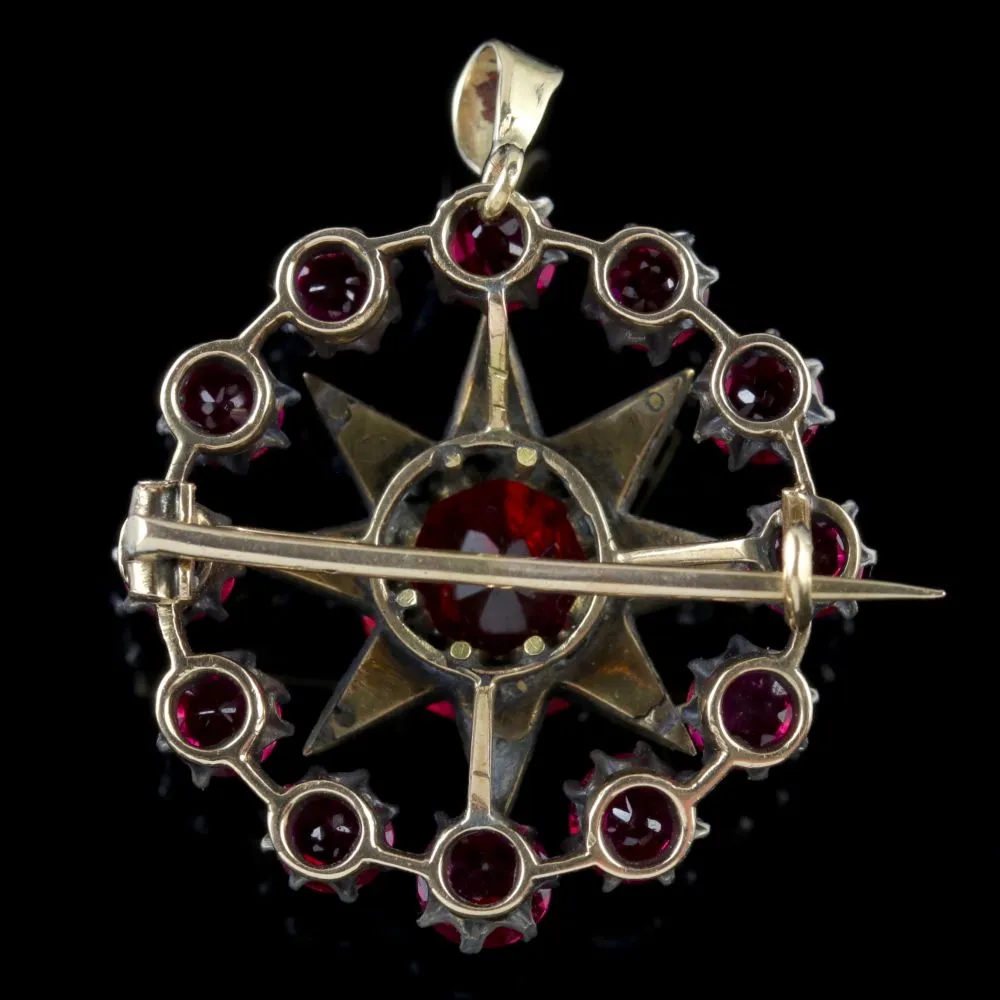 Antique Victorian Star Pendant Brooch Ruby Diamond Gold Circa 1900