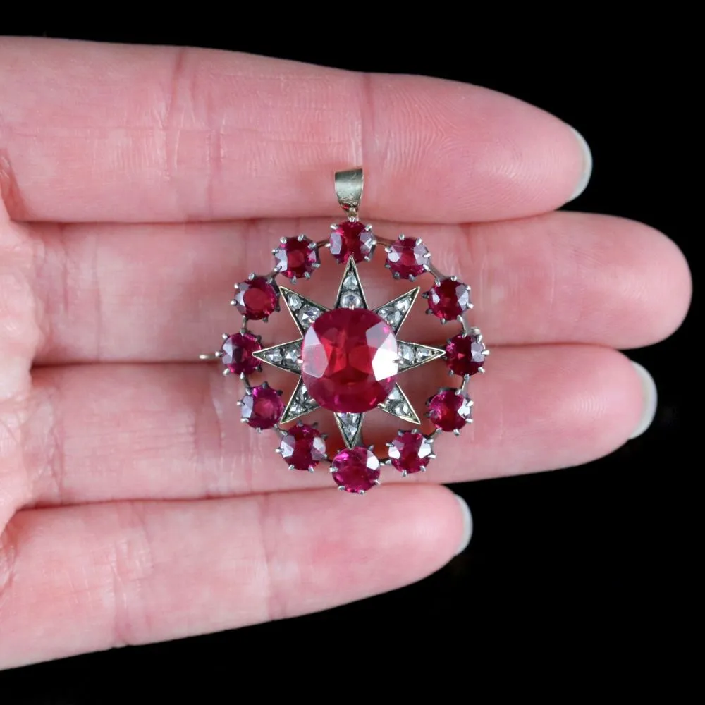 Antique Victorian Star Pendant Brooch Ruby Diamond Gold Circa 1900