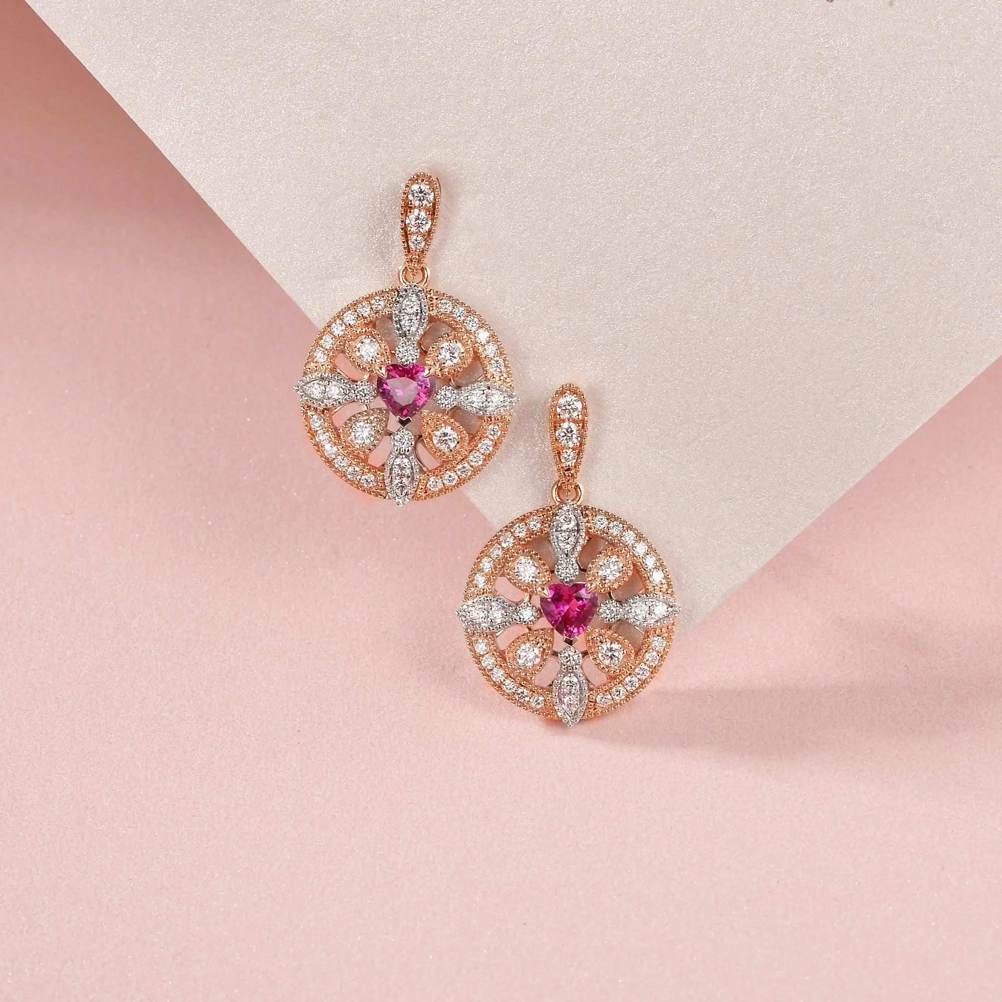 Art-Deco Heart Shaped Ruby Rose Gold Earrings