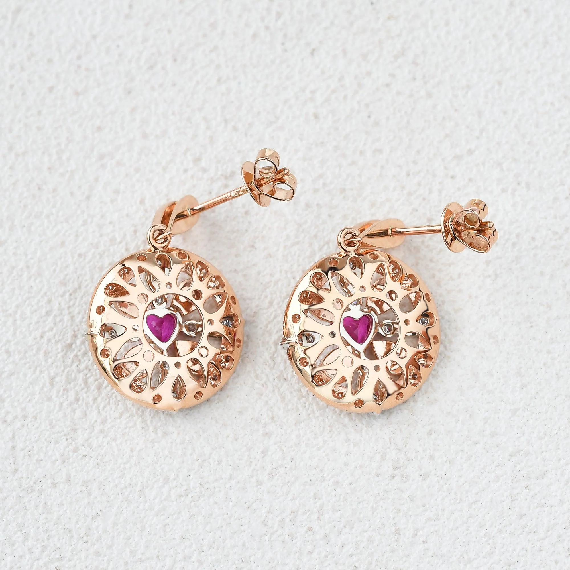 Art-Deco Heart Shaped Ruby Rose Gold Earrings