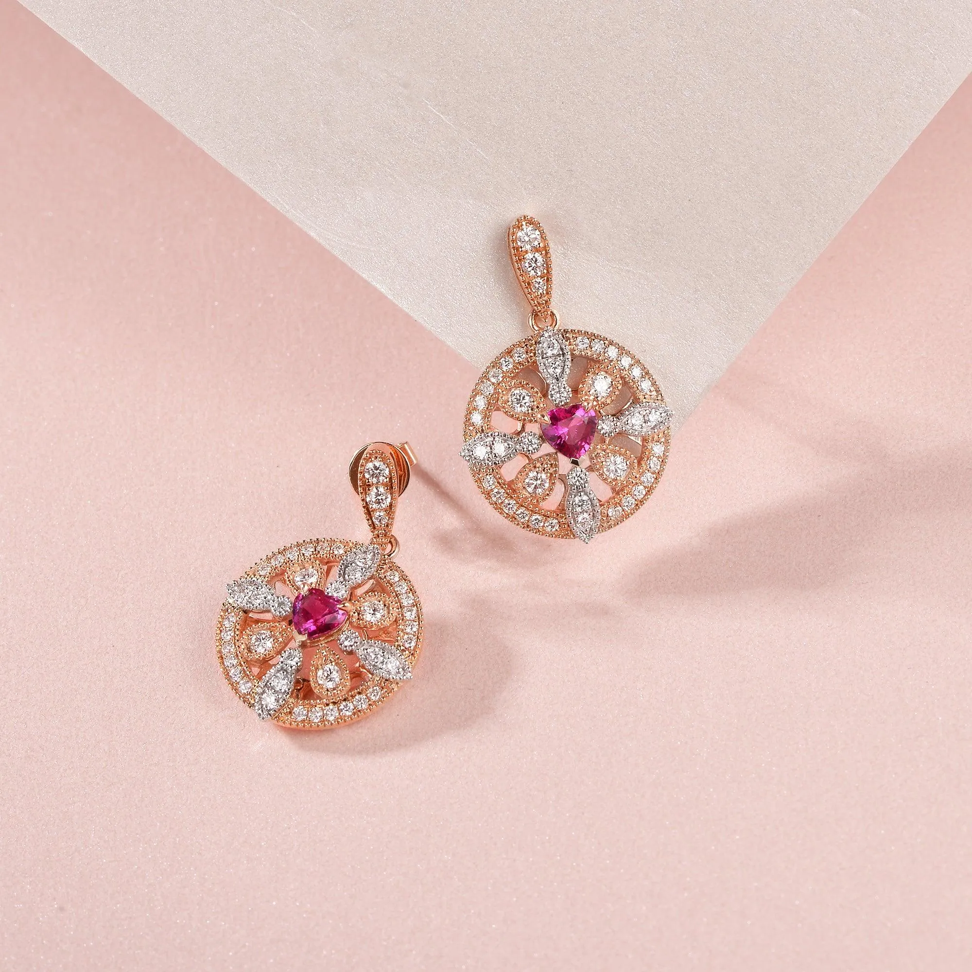 Art-Deco Heart Shaped Ruby Rose Gold Earrings