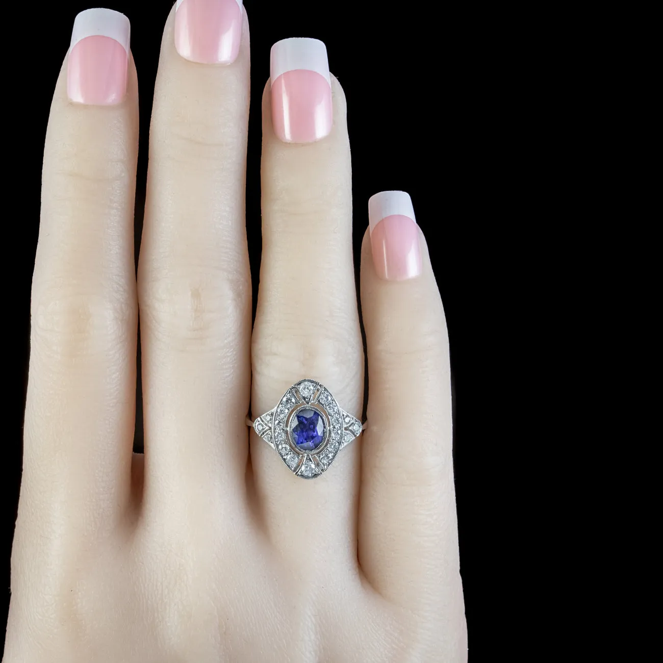 Art Deco Style Sapphire Diamond Cluster Ring 0.80ct Sapphire