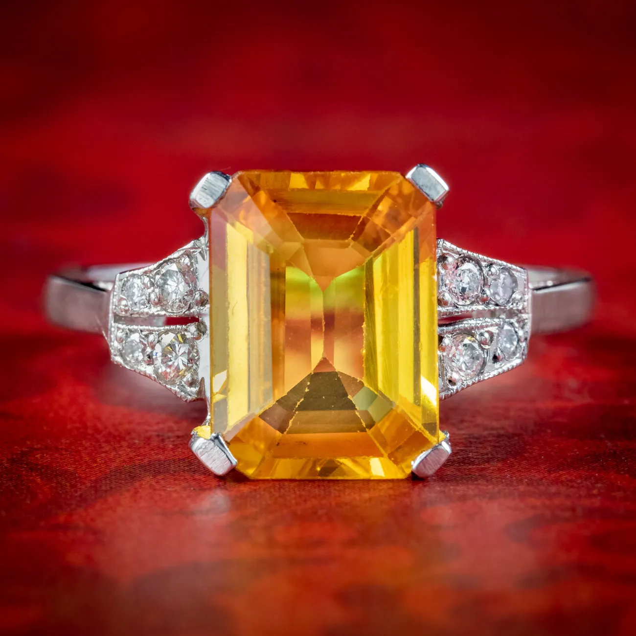 Art Deco Style Yellow Sapphire Diamond Ring 3.50ct Sapphire