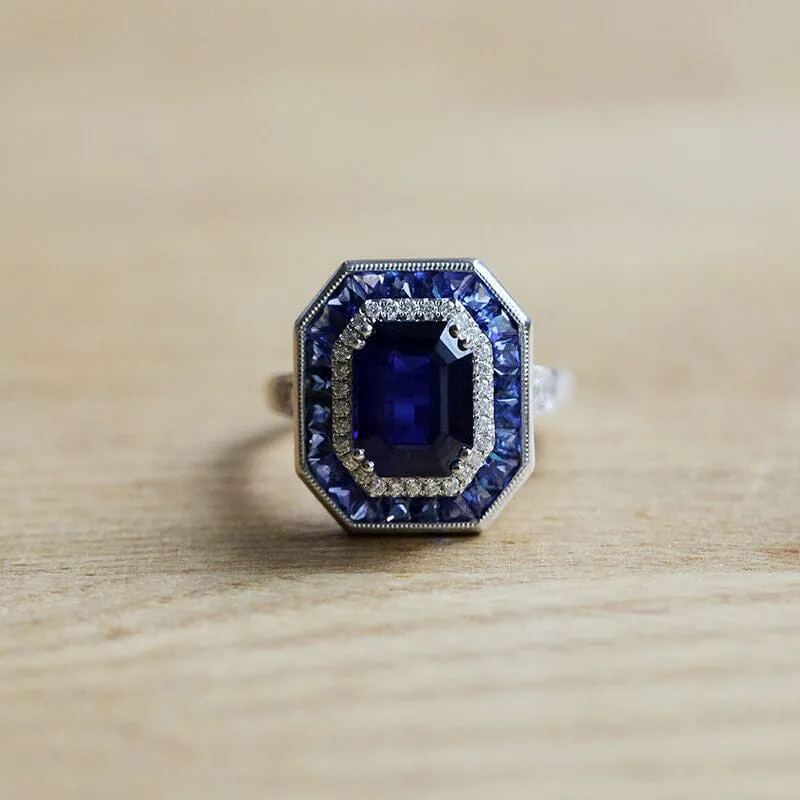 Art Deco Vintage Style Blue Sapphire Adjustable 925 Sterling Silver Ring