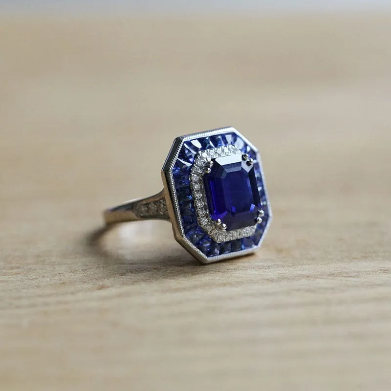 Art Deco Vintage Style Blue Sapphire Adjustable 925 Sterling Silver Ring