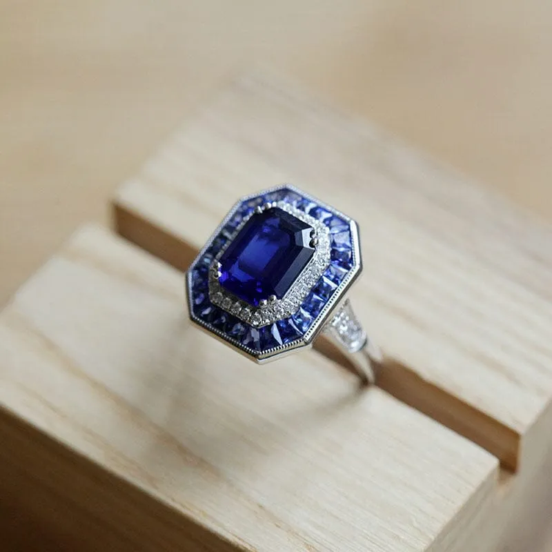 Art Deco Vintage Style Blue Sapphire Adjustable 925 Sterling Silver Ring