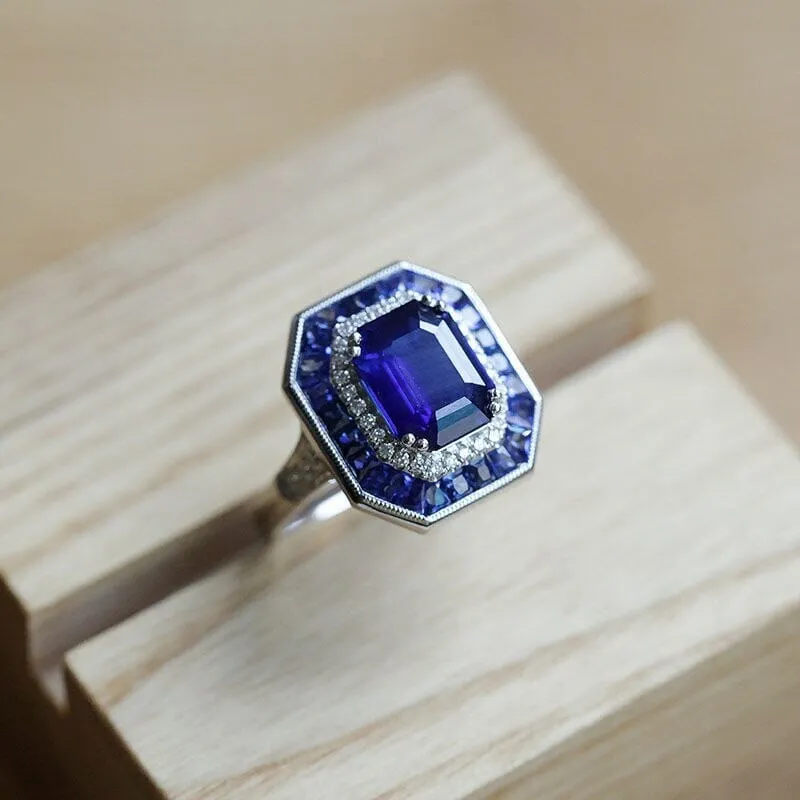 Art Deco Vintage Style Blue Sapphire Adjustable 925 Sterling Silver Ring