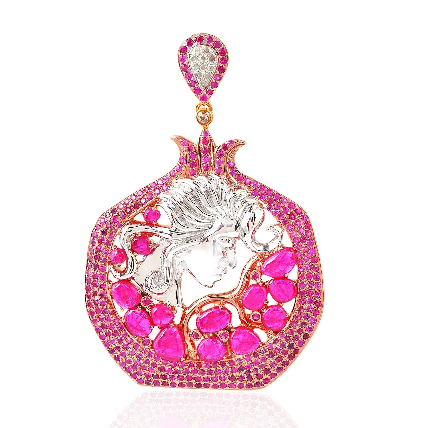 Art  Nouveau Slice Oval Ruby Pave Diamond Pomegranate Shape Pendant In Rose Gold 925 Silver