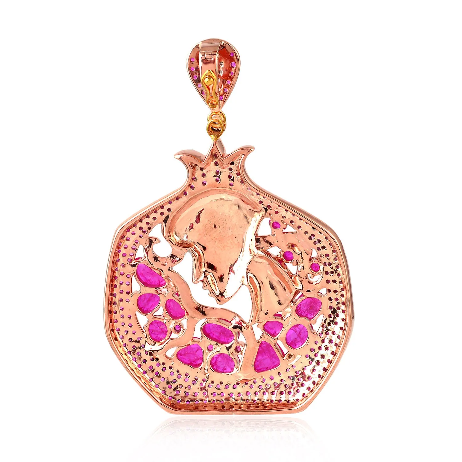 Art  Nouveau Slice Oval Ruby Pave Diamond Pomegranate Shape Pendant In Rose Gold 925 Silver