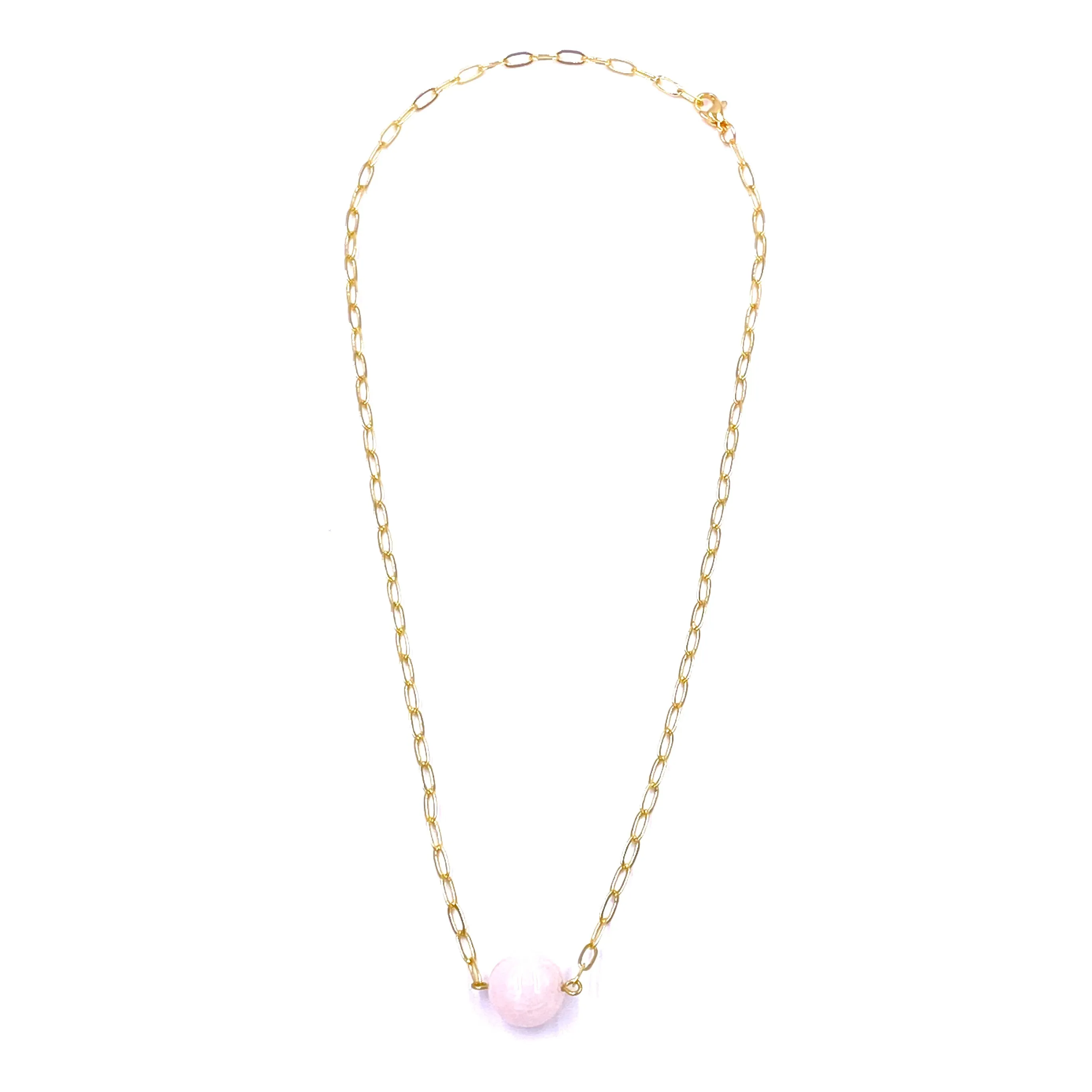 Ashley Gold Stainless Steel Gold Plated Pink Semi Precious Single Ball Necklace