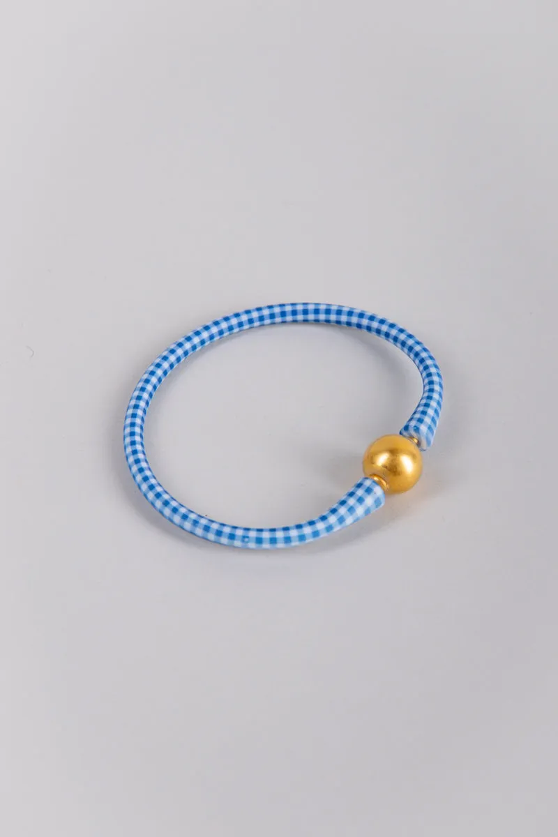 Bali 24K Gold-Plated Bead Silicone Bracelet in Blue Gingham - FINAL SALE