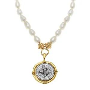 Bee Coin Pendant Necklace on Pearls