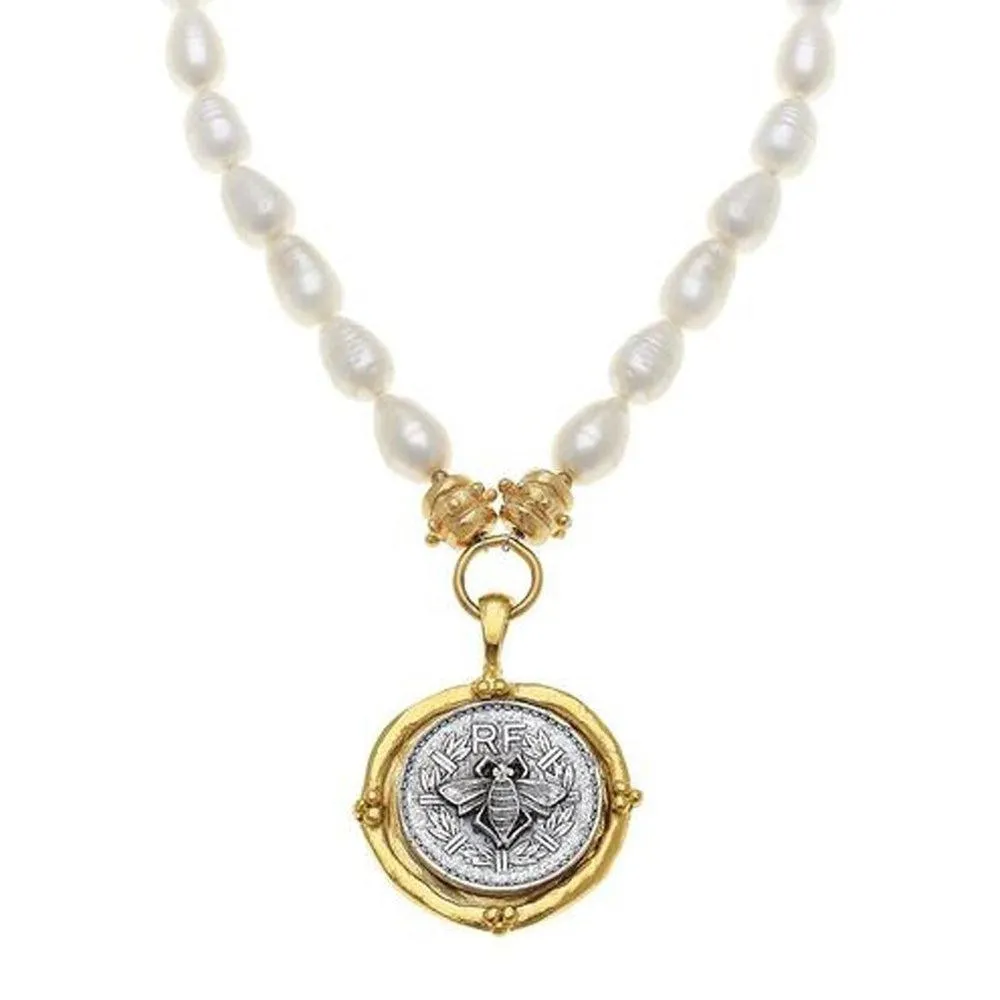 Bee Coin Pendant Necklace on Pearls