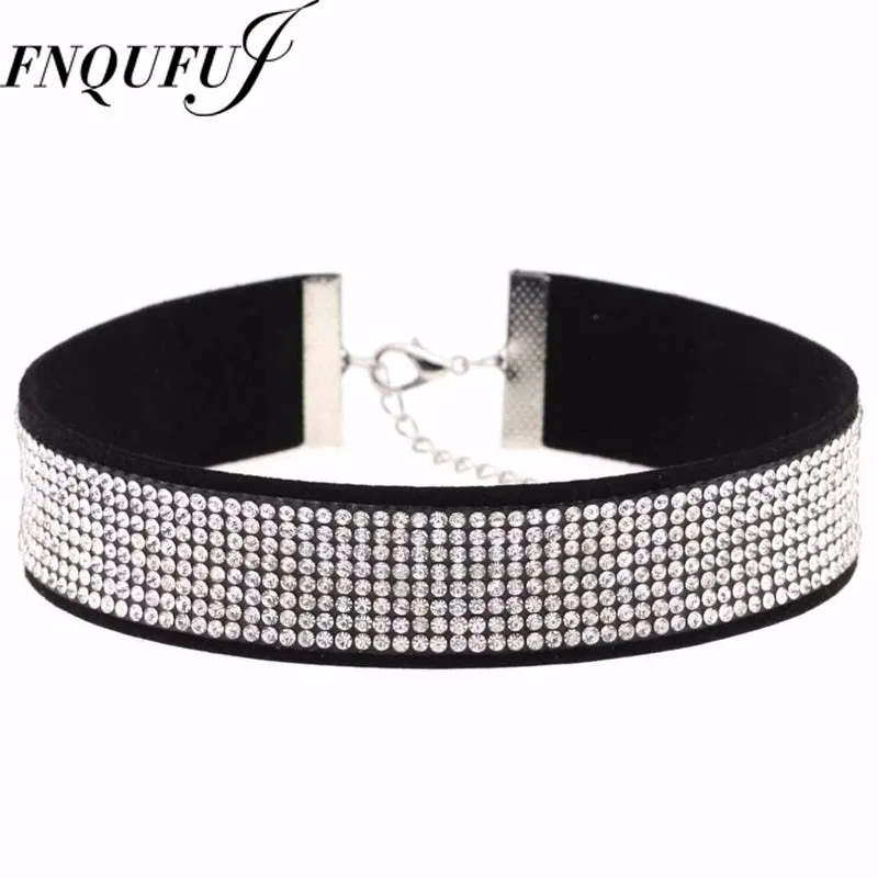 Black Leather Rhinestone Choker Necklace Women Crystal Choker 2016 Statement chocker collar fashion jewellery