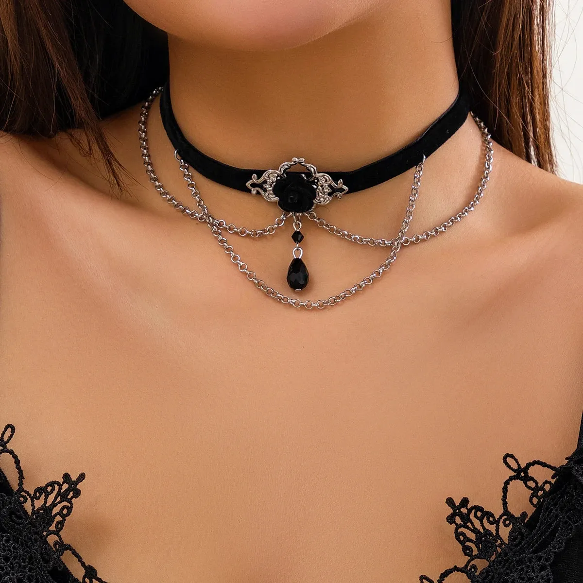 Black Rose Crystal Chain Choker