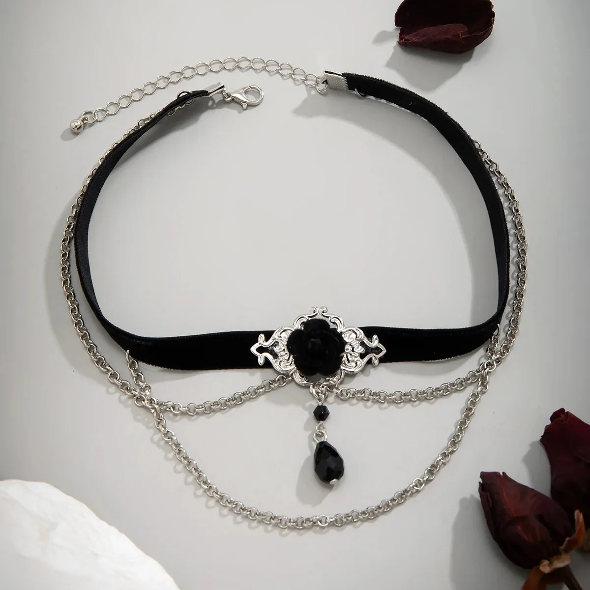 Black Rose Crystal Chain Choker