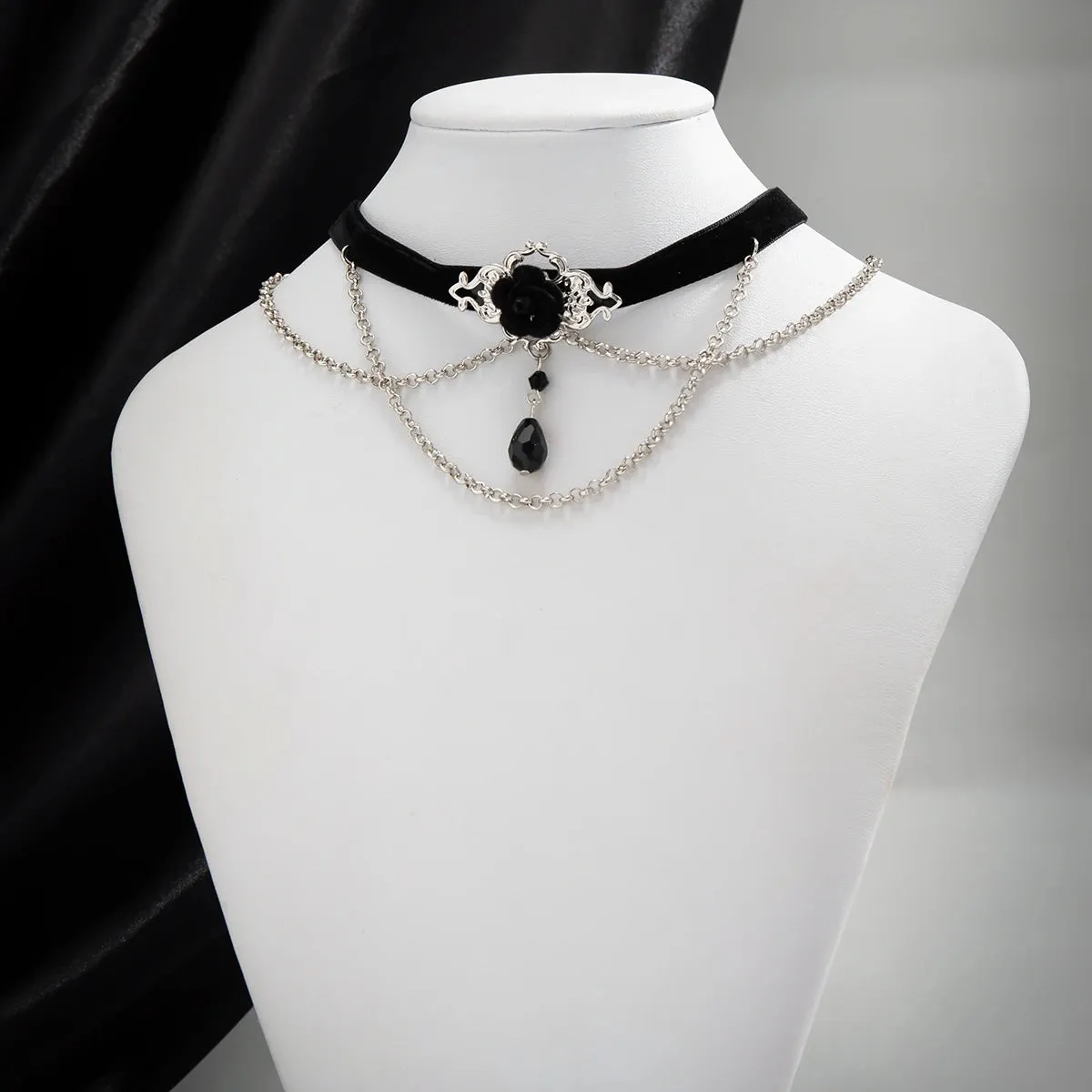 Black Rose Crystal Chain Choker