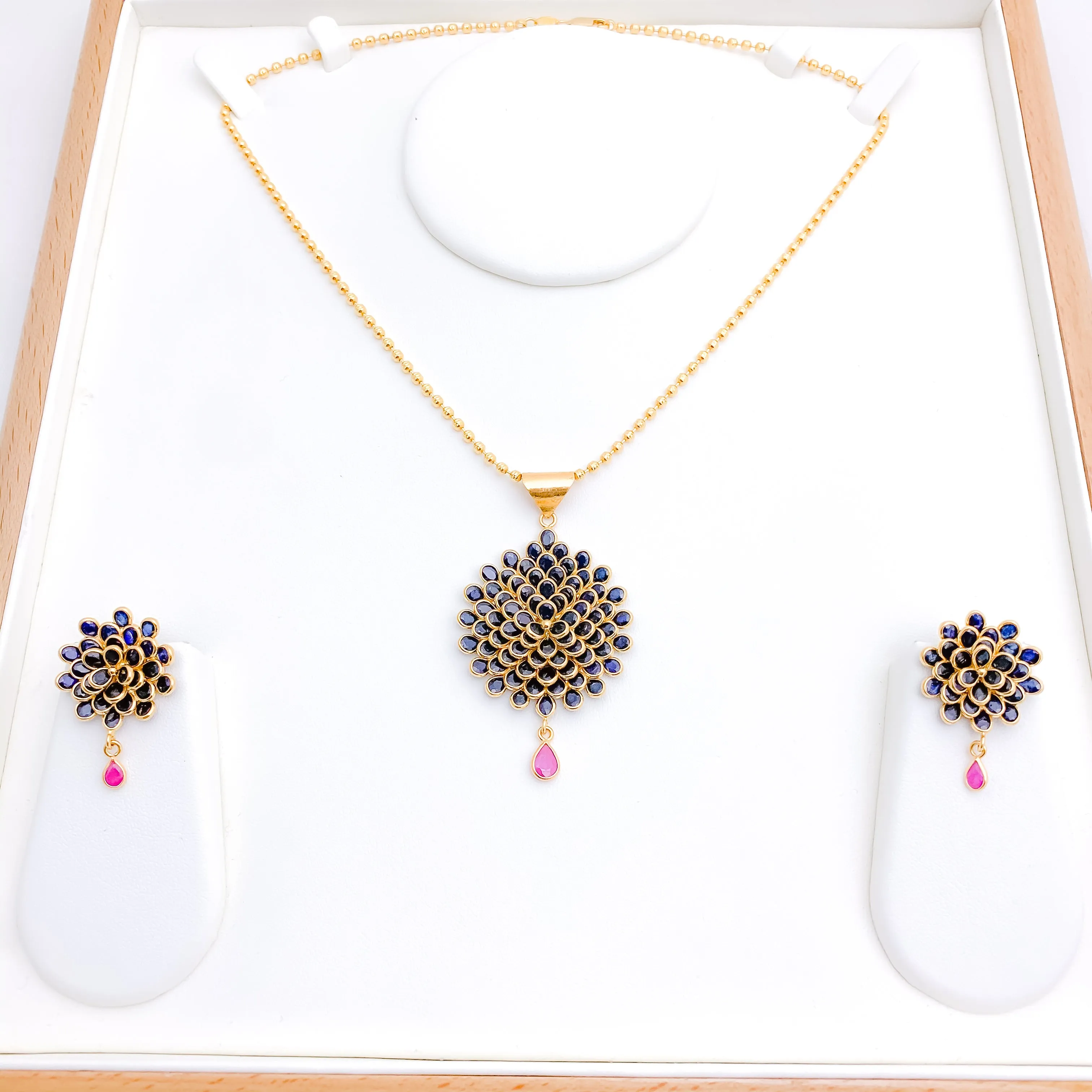 Blooming Sapphire   Ruby Pendant Set