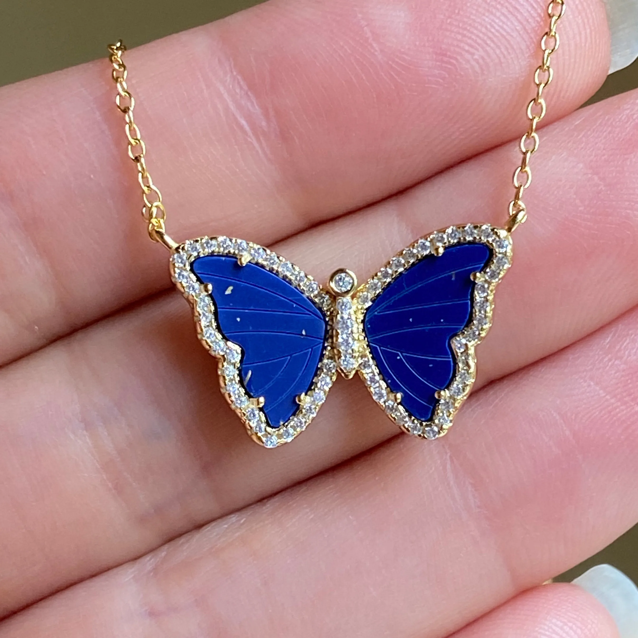 Blue Lapis Lazuli Butterfly Necklace With Crystals