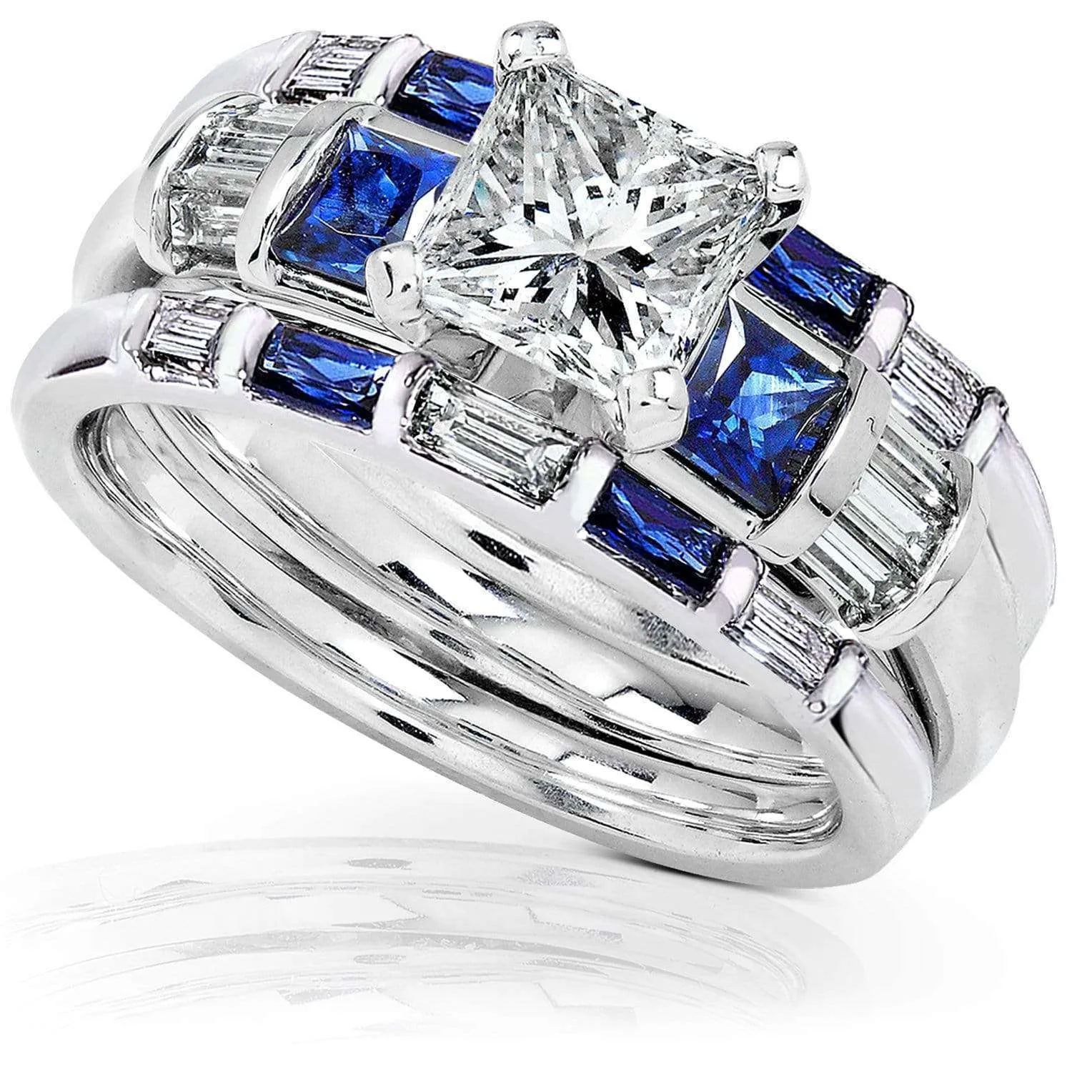 Blue Sapphire & Diamond Wedding Rings Set 2 2/5 carat (ctw) In 14k White Gold (3 Piece Set)