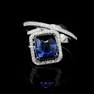 Blue Sapphire Cabochon Halo Gemstones Diamond Ring 14kt