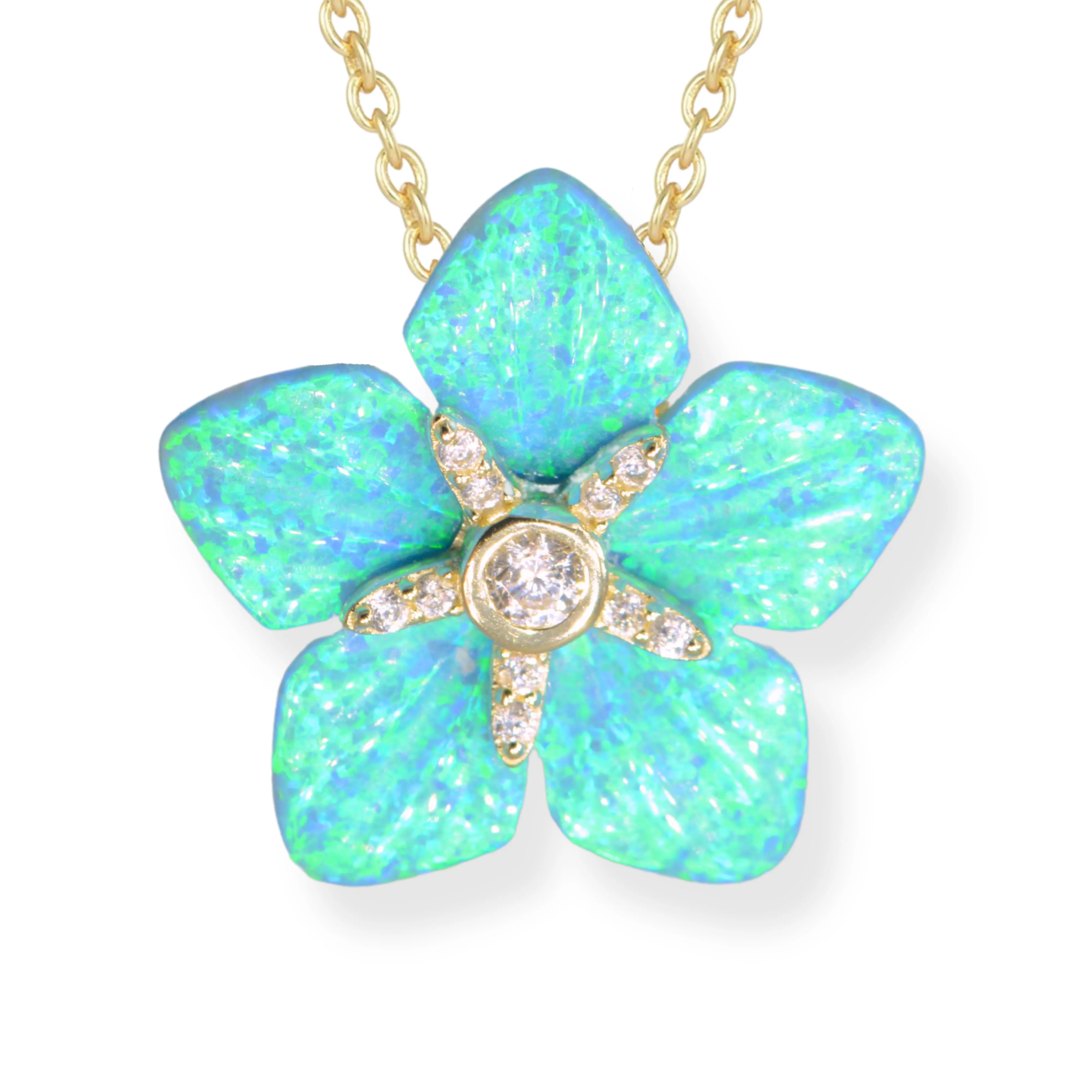 Carved Opal Flower Necklace With Crystals