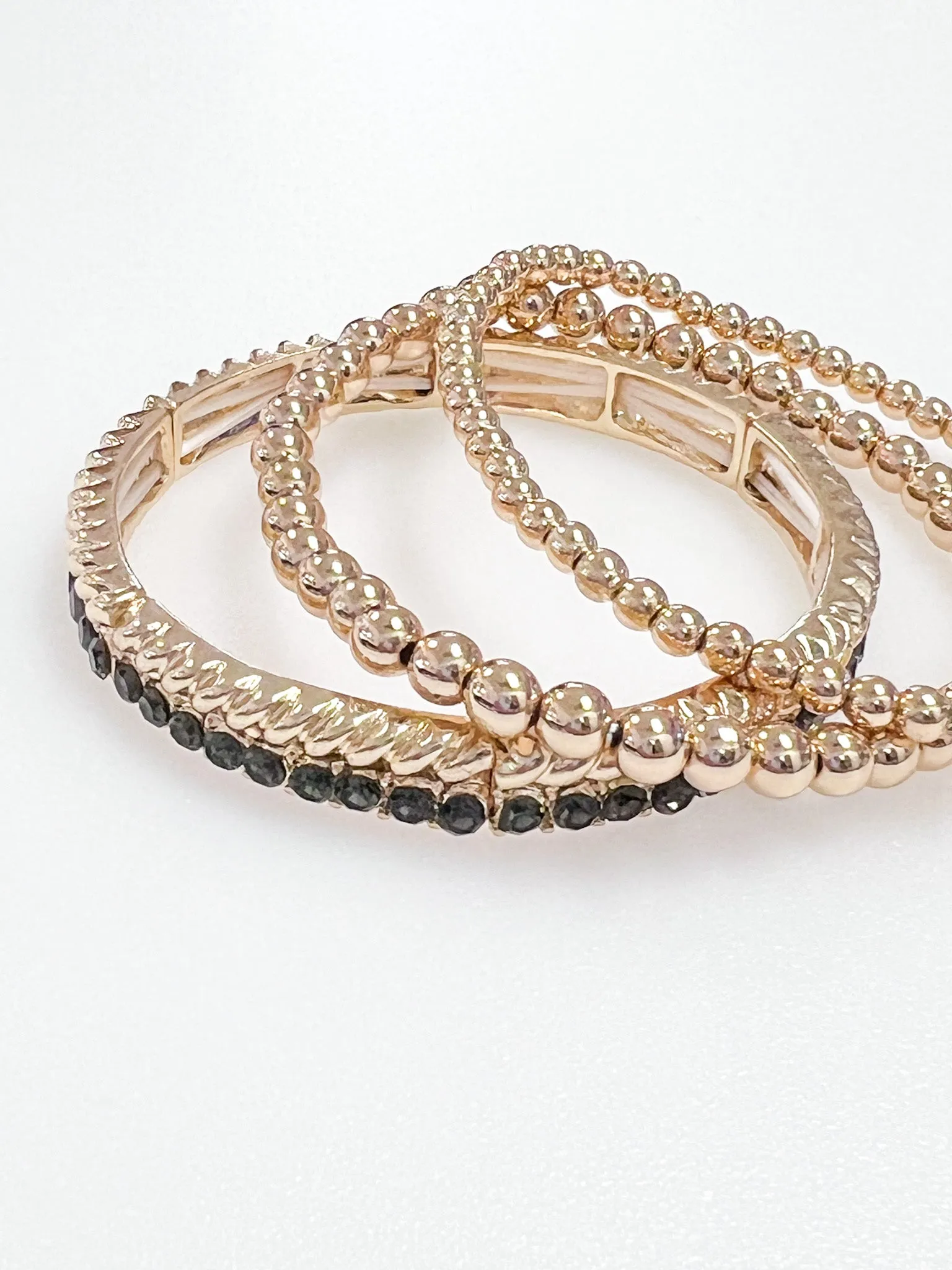 Collyn - Gold Beaded Bracelet Set w/ Grey Rhinestones (Set of 3)