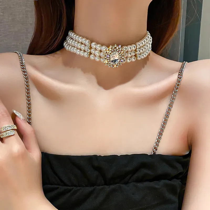 Crystal Pearl Choker Necklace