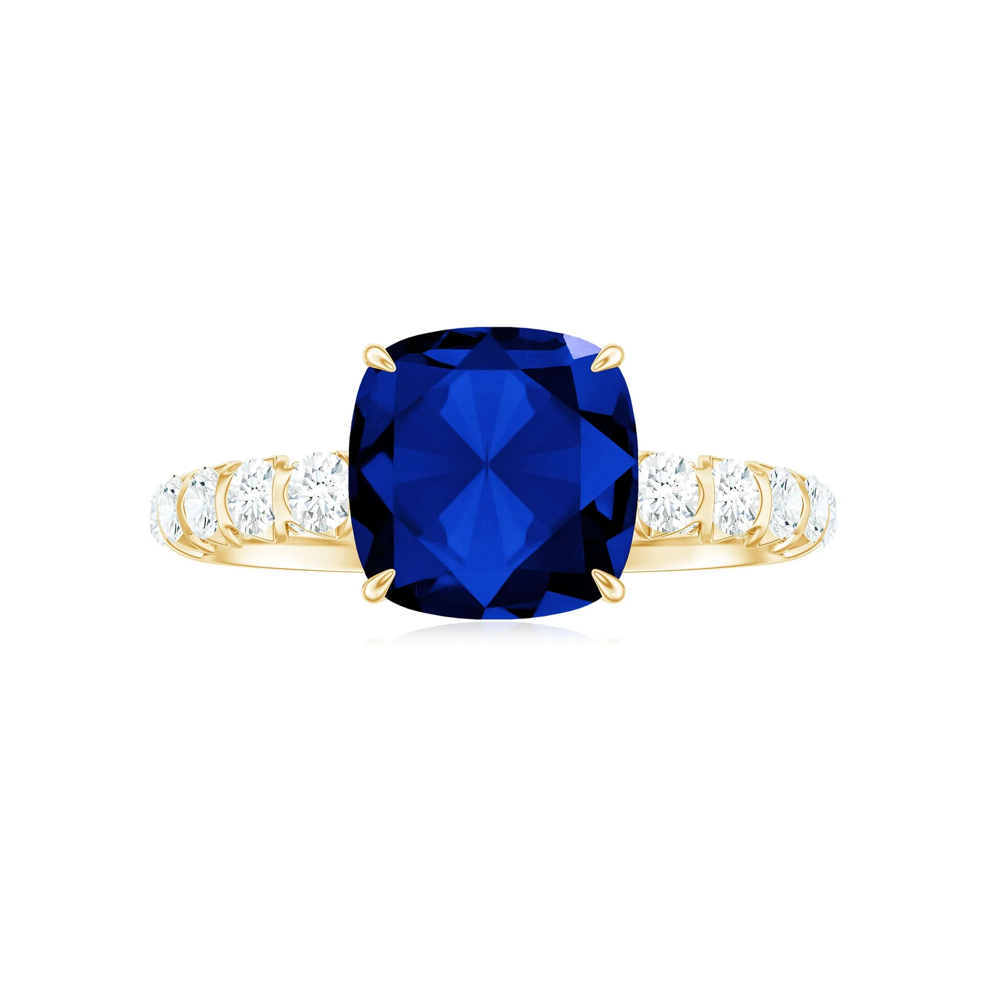 Cushion Cut Created Blue Sapphire Solitaire Ring with Diamond Side Stone