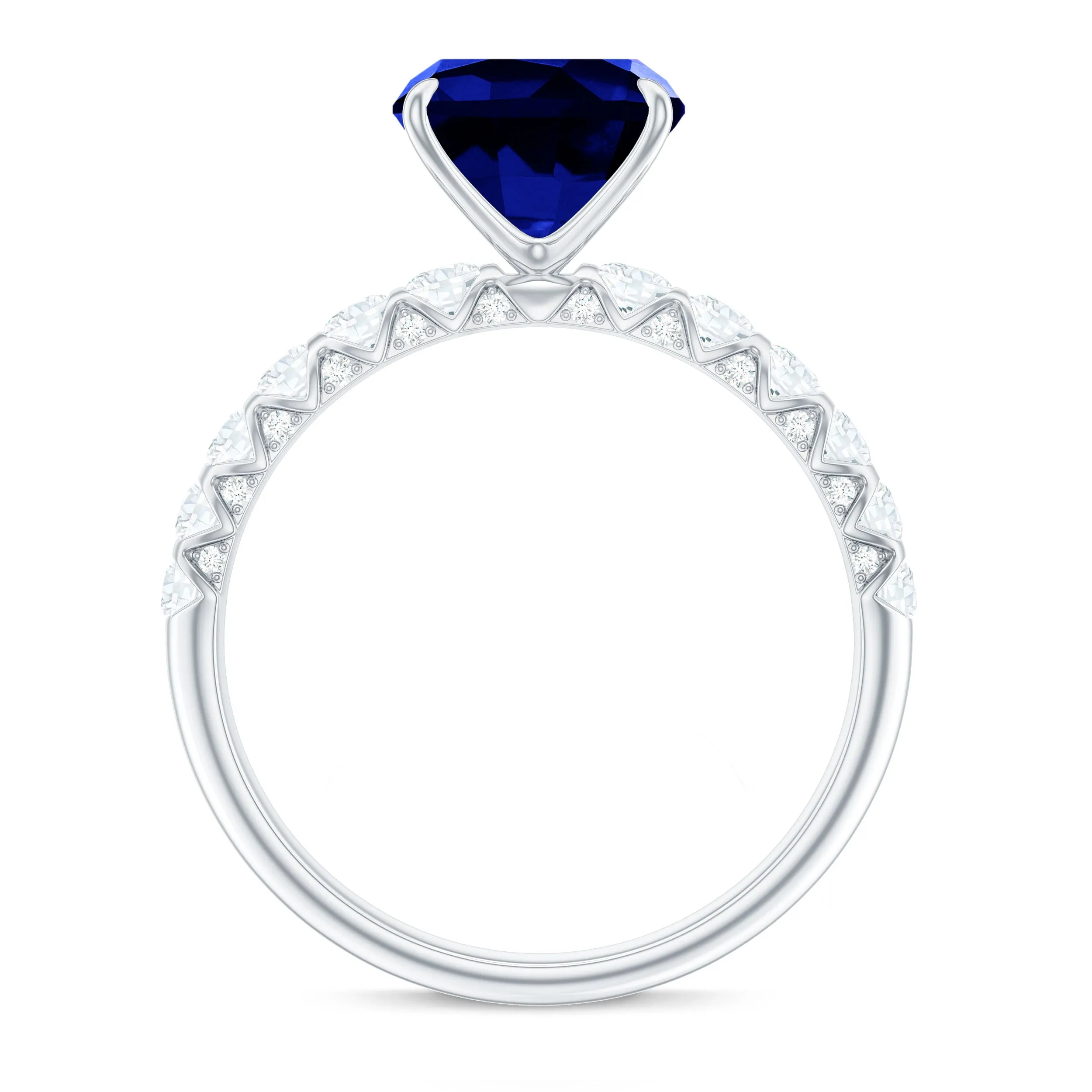 Cushion Cut Created Blue Sapphire Solitaire Ring with Diamond Side Stone