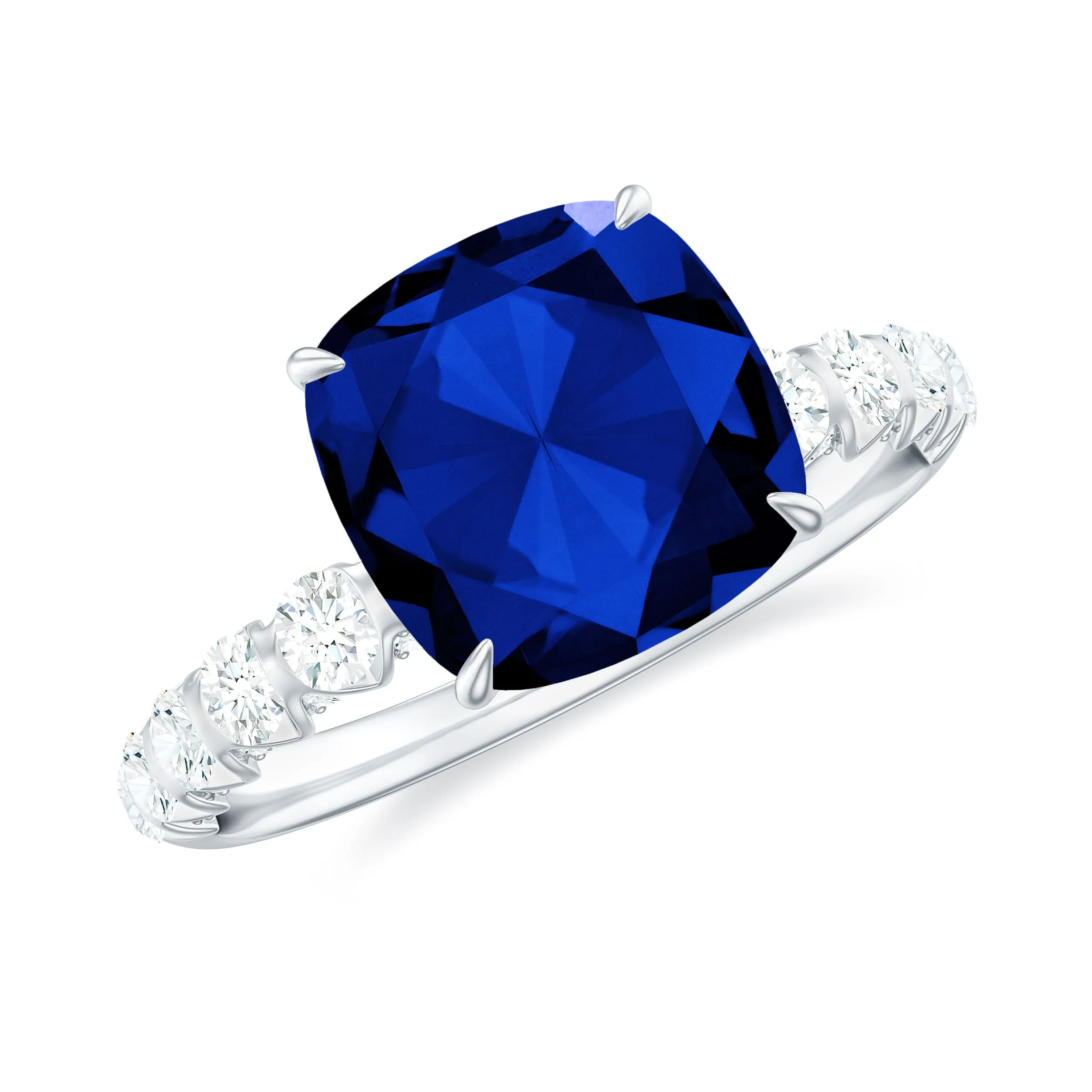 Cushion Cut Created Blue Sapphire Solitaire Ring with Diamond Side Stone