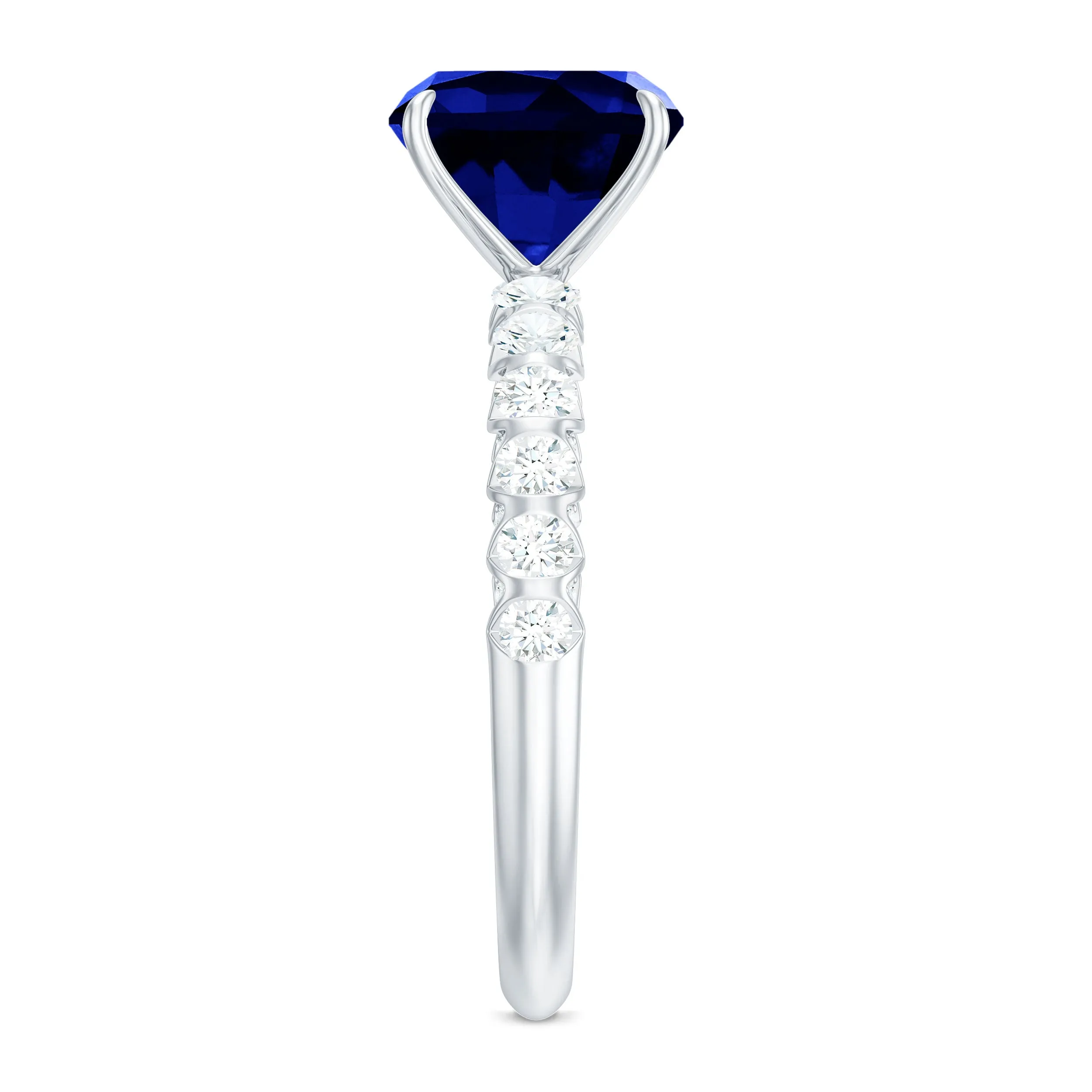 Cushion Cut Created Blue Sapphire Solitaire Ring with Diamond Side Stone