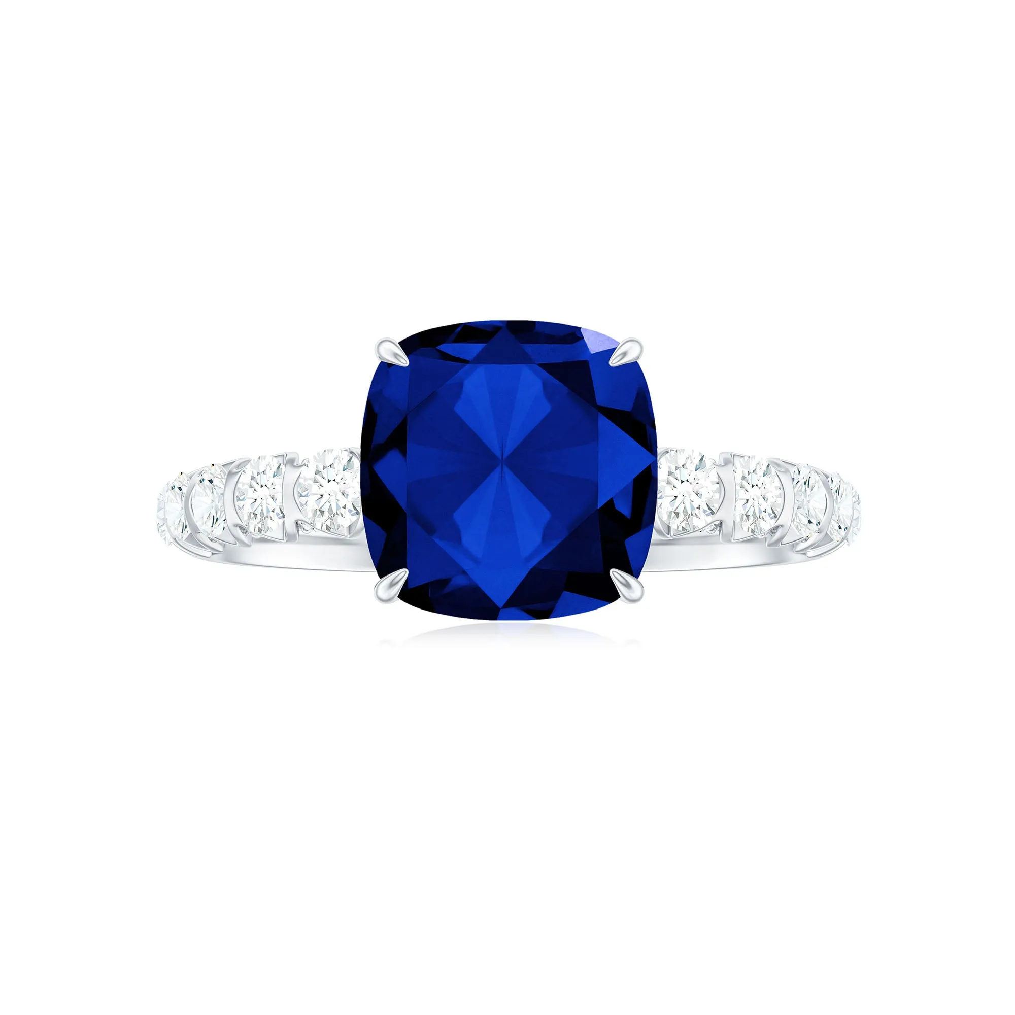 Cushion Cut Created Blue Sapphire Solitaire Ring with Diamond Side Stone