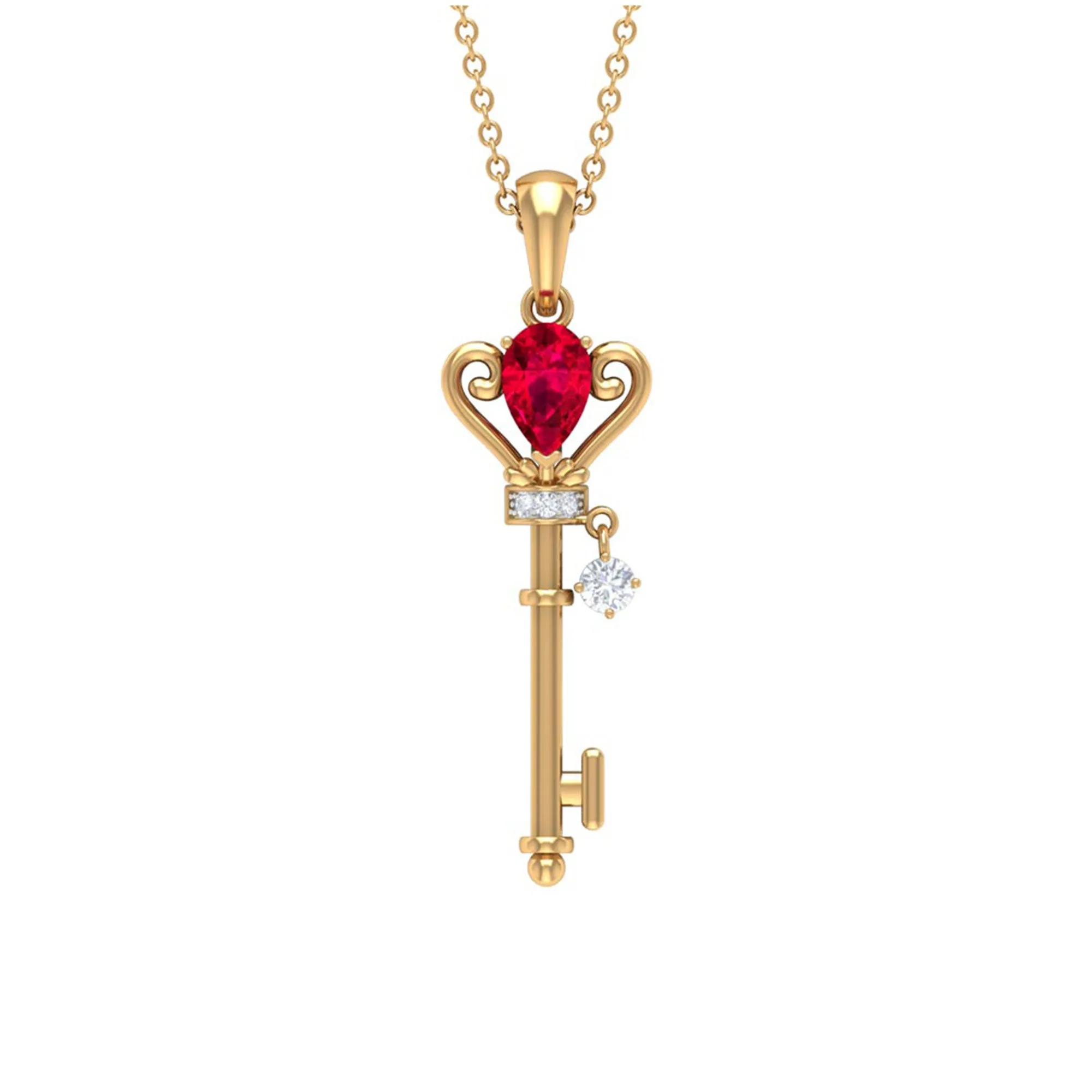 Designer Pear Cut Created Ruby and Diamond Key Pendant