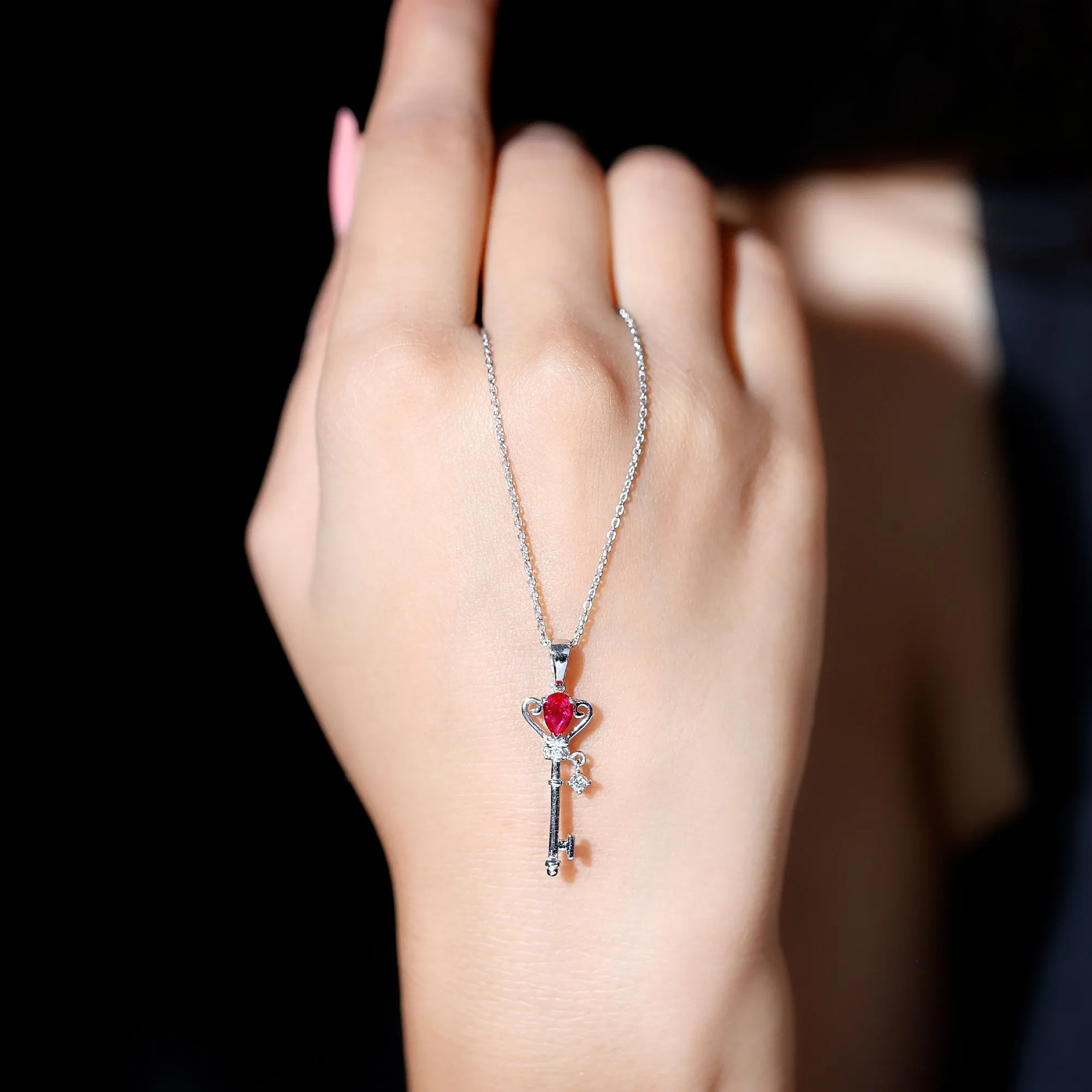 Designer Pear Cut Created Ruby and Diamond Key Pendant