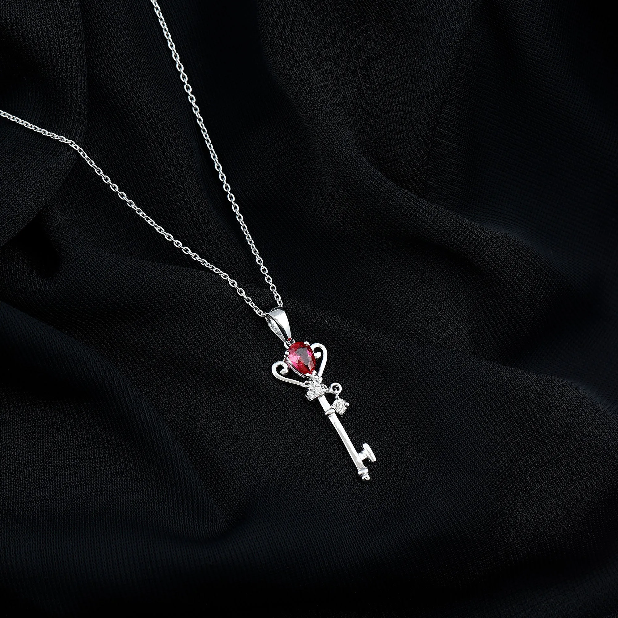 Designer Pear Cut Created Ruby and Diamond Key Pendant