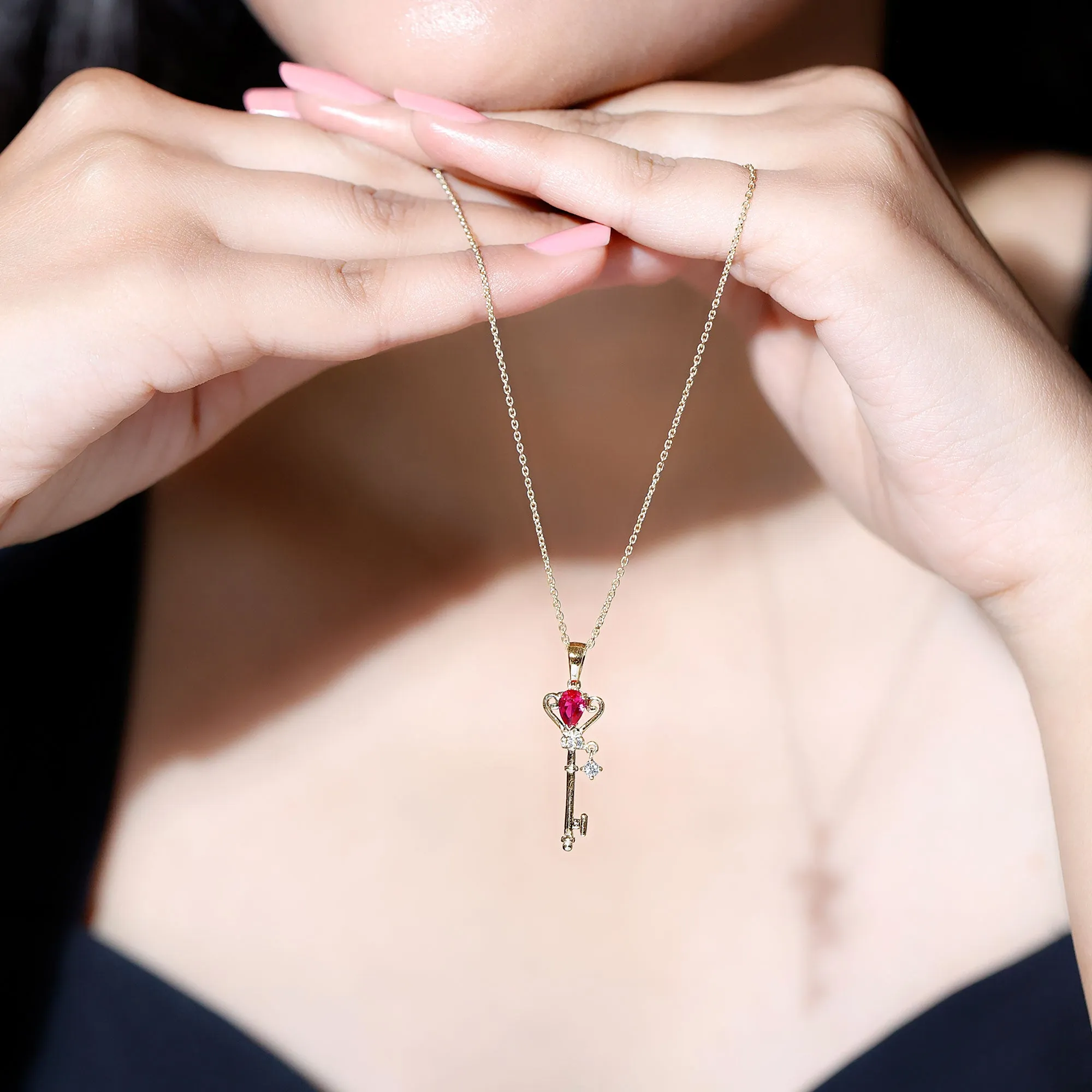 Designer Pear Cut Created Ruby and Diamond Key Pendant