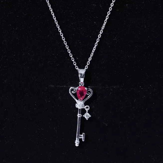 Designer Pear Cut Created Ruby and Diamond Key Pendant